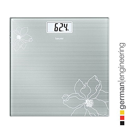 Beurer GS 10 - Báscula de baño de vidrio, báscula extra plana de 1.9 cm, pantalla digital LCD con grandes dígitos (2.6 cm), color grisáceo con detalle de flor con efecto purpurina