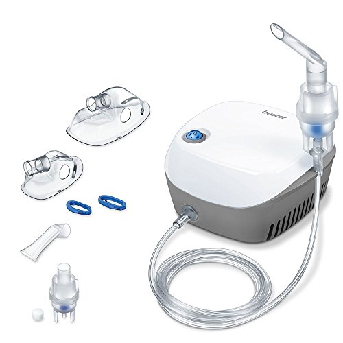 Beurer IH18 - Nebulizador con tecnología de compresor de aire, con capacidad de inhalación de 0.4ml/min, color blanco y gris, 16 x 15.5 x 8.4 cm, 1.3 kg