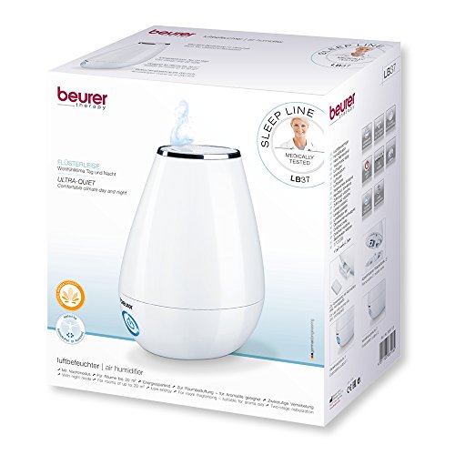 Beurer LB37 - Humidificador Ultrasónico, Micro Nebulización, hasta 20 m², Modo Noche, Silencioso, Máxima Nebulización 200 ml/h, Aceites Aromaticos, 20 W, Blanco