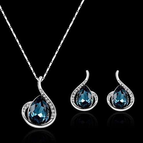Beuya Mujer Conjunto de Joyas de Colgante de Cristal Azul en Forma de Gota y Collar Colgante, Señoras Boda Fiesta cumpleaños/Regalo de San Valentín (Plata)