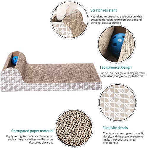 BEYAOBN Rascador de Gatos,con Catnip Orgánico Diseño de Doble Cara,Juguete para Gatos con Bola de Campana,Rascadoras Carton Reciclado Corrugado