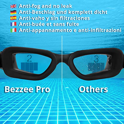 Bezzee Pro Gafas de Natación - gafas natacion antivaho Protección UV con Estuche de Almacenamiento – Herméticas y Correa de Silicona Ajustables para Adultos, Hombres, Mujeres, Jóvenes – Puente Nasal