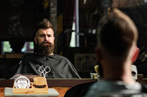 BFWood Kit para el Cuidado de la Barba con Soporte de Bambú para Hombres – Cepillo, Peine, Tijeras y 30g de Bálsamo, para Recortar, Asear, suavizar y Acondicionar la Barba