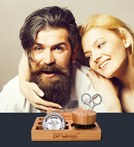 BFWood Kit para el Cuidado de la Barba con Soporte de Bambú para Hombres – Cepillo, Peine, Tijeras y 30g de Bálsamo, para Recortar, Asear, suavizar y Acondicionar la Barba