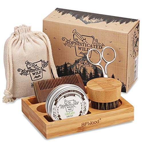 BFWood Kit para el Cuidado de la Barba con Soporte de Bambú para Hombres – Cepillo, Peine, Tijeras y 30g de Bálsamo, para Recortar, Asear, suavizar y Acondicionar la Barba