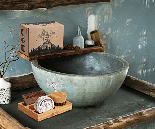 BFWood Kit para el Cuidado de la Barba con Soporte de Bambú para Hombres – Cepillo, Peine, Tijeras y 30g de Bálsamo, para Recortar, Asear, suavizar y Acondicionar la Barba