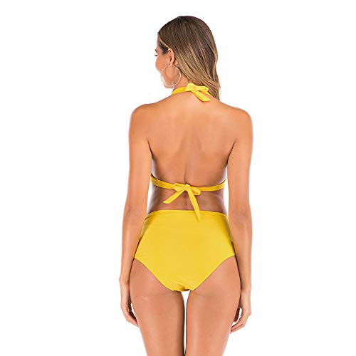 B/H Traje de Baño de Mujer de Dos Piezas con,Traje de baño de Medias de Gran tamaño, triángulo de Cintura Alta, Multicolor-Amarillo_L