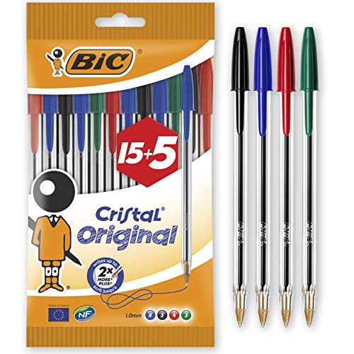 BIC Cristal Original - Bolígrafos punta media, 1.0 mm, Blíster de 15+5 unidades, colores Surtidos
