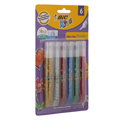 Bic Kids Glitter Pegamento con Purpurina Colores Metálicos – Colores Surtidos, Blíster de 6 Unidades