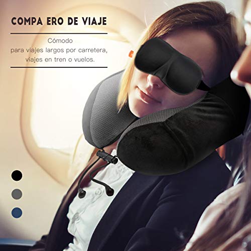 BICASLOVE Almohada de Viaje,Viscoelástica de Espuma de Memoria,Almohada de Cuello,Almohada Ortopédica Cervical,con Máscara de Ojos,Tapones y Bolsa con Cordón,para el Uso del Avión y el Hogar(Negro)