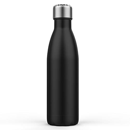 BICASLOVE Botella de Agua de Acero Inoxidable,Diseño de Pared Doble,Boca EstáNdar,para Correr,Gimnasio,Yoga,Ciclismo,500ML,Negro