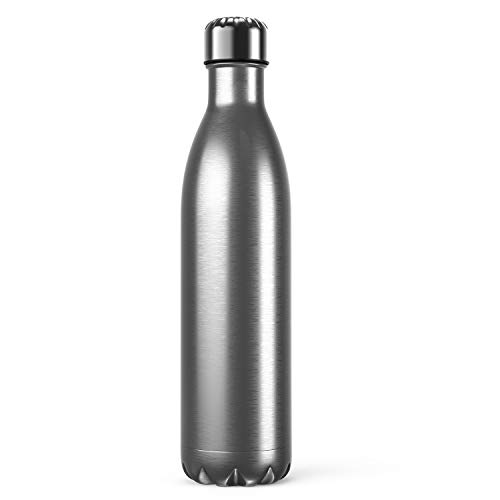 BICASLOVE Botella de Agua de Acero Inoxidable,Diseño de Pared Doble,Boca EstáNdar,para Correr,Gimnasio,Yoga,Ciclismo,750ML,Acero Inoxidable