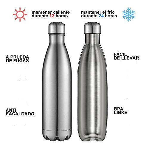 BICASLOVE Botella de Agua de Acero Inoxidable,Diseño de Pared Doble,Boca EstáNdar,para Correr,Gimnasio,Yoga,Ciclismo,750ML,Acero Inoxidable