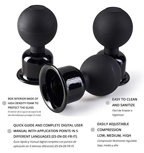 BICTIVE | Set de Ventosas para Celulitis de Cristal, Masajeador Anticelulítico, Reductora, Masajeador Espalda | Set Premium Color Negro | 3 Ventosas de 61 mm con Bola de Succión