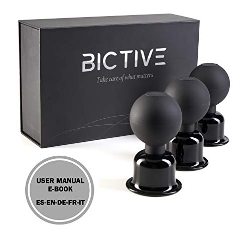 BICTIVE | Set de Ventosas para Celulitis de Cristal, Masajeador Anticelulítico, Reductora, Masajeador Espalda | Set Premium Color Negro | 3 Ventosas de 61 mm con Bola de Succión