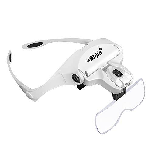 BIJIA Lupa Gafa de cabeza con LED Luces para Coser,Sastre,Modelismo,Reparaciones,Maquillaje,Tatuajes,Manicura,Joyería y Relojería,5 Lentes Intercambiables,Color Blanco
