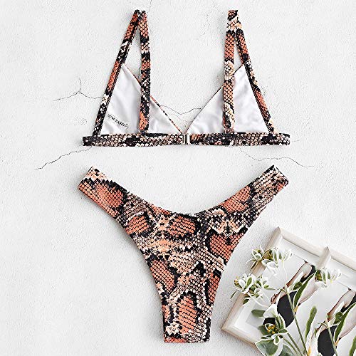 Bikini Zaful con estampado de piel de serpiente. Tiras en los laterales, gran escote en V y talle alto Naranja naranja S