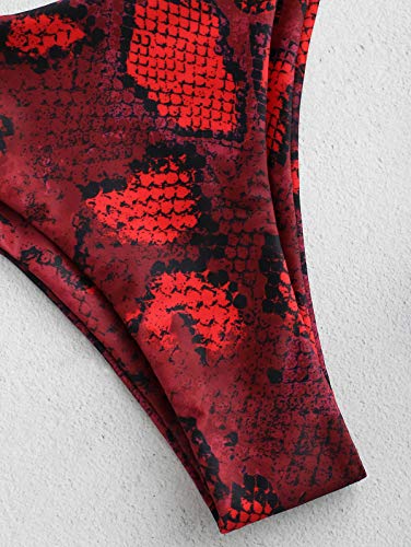 Bikini Zaful con estampado de piel de serpiente. Tiras en los laterales, gran escote en V y talle alto Rojo rosso M