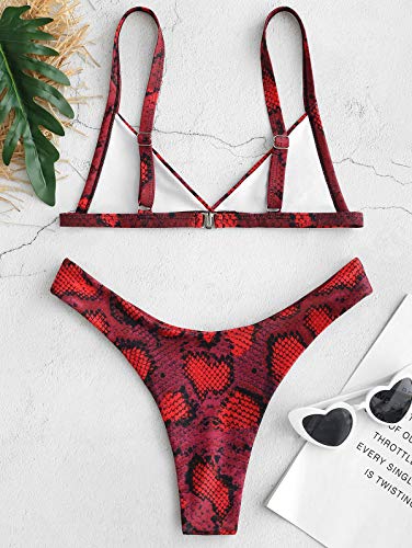 Bikini Zaful con estampado de piel de serpiente. Tiras en los laterales, gran escote en V y talle alto Rojo rosso M
