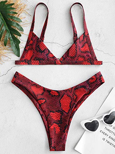 Bikini Zaful con estampado de piel de serpiente. Tiras en los laterales, gran escote en V y talle alto Rojo rosso M