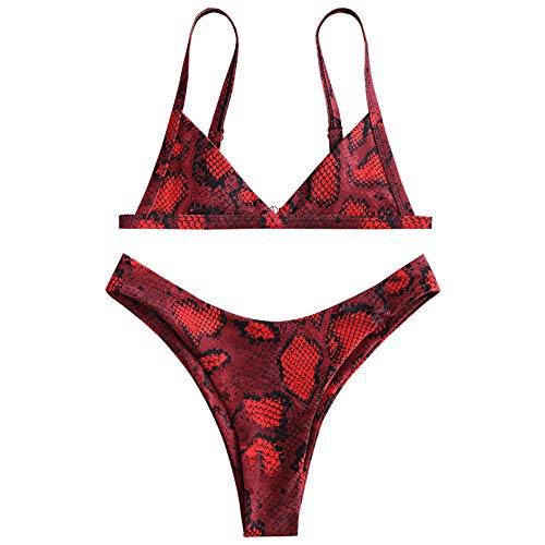 Bikini Zaful con estampado de piel de serpiente. Tiras en los laterales, gran escote en V y talle alto Rojo rosso M