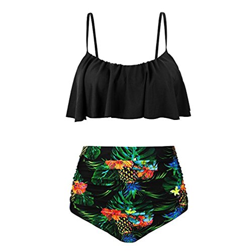 Bikinis Mujer Retro Volantes Tops + Bikinis Braga Alta de Impresión Trajes de baño Mujer Dos Piezas Cintura Alta Bañador (XL, Verde)