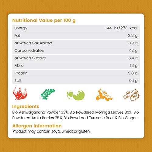 Bio Ayurveda Mix | Ashwagandha en Polvo | Vitaminas Con Jengibre, Curcuma, Moringa y Amla | Suplementos Alimenticios a base de Plantas | Para salud y cuidado personal | 100% Vegano y Orgánico |