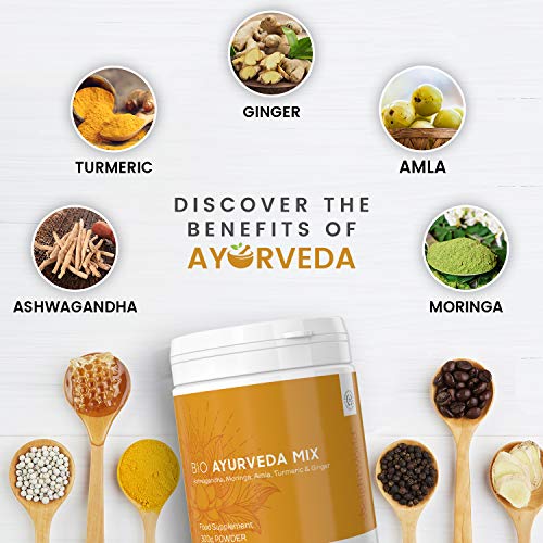 Bio Ayurveda Mix | Ashwagandha en Polvo | Vitaminas Con Jengibre, Curcuma, Moringa y Amla | Suplementos Alimenticios a base de Plantas | Para salud y cuidado personal | 100% Vegano y Orgánico |