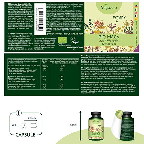 BIO Maca Andina Vegavero® | 3000 mg | Cosechada en Perú | 120 o 270 Cápsulas | Maca Negra + Roja + Amarilla + Púrpura | Testada en Laboratorio | Estimulante + Energía + Libido + Cansancio