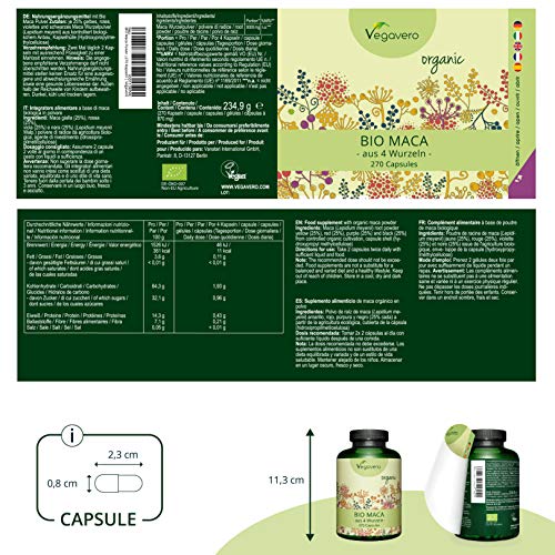 BIO Maca Andina Vegavero® | 3000 mg | Cosechada en Perú | 270 Cápsulas | Maca Negra + Roja + Amarilla + Púrpura | Testada en Laboratorio | Estimulante + Energía + Libido + Cansancio