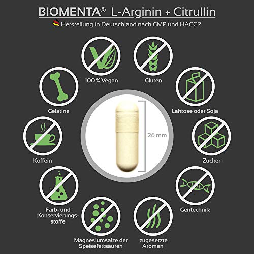 BIOMENTA L-ARGININA CITRULINA MALATO | 3.500 mg L-Arginina Base + 1.000 mg Citrulina + 1.000 mg BCAA (Aminoacidos) + Zinc | 150 Arginina Cápsulas