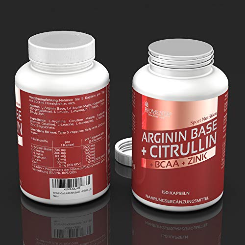 BIOMENTA L-ARGININA CITRULINA MALATO | 3.500 mg L-Arginina Base + 1.000 mg Citrulina + 1.000 mg BCAA (Aminoacidos) + Zinc | 150 Arginina Cápsulas