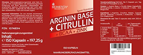 BIOMENTA L-ARGININA CITRULINA MALATO | 3.500 mg L-Arginina Base + 1.000 mg Citrulina + 1.000 mg BCAA (Aminoacidos) + Zinc | 150 Arginina Cápsulas
