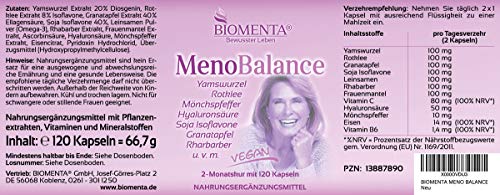 BIOMENTA Meno Balance - raíz de ñame, trébol rojo, manto de dama, pimienta de monje, isoflavonas de soja, ácido hialurónico, ruibarbo, granada, ácido hialurónico, vitaminas - 120 cápsulas veganas