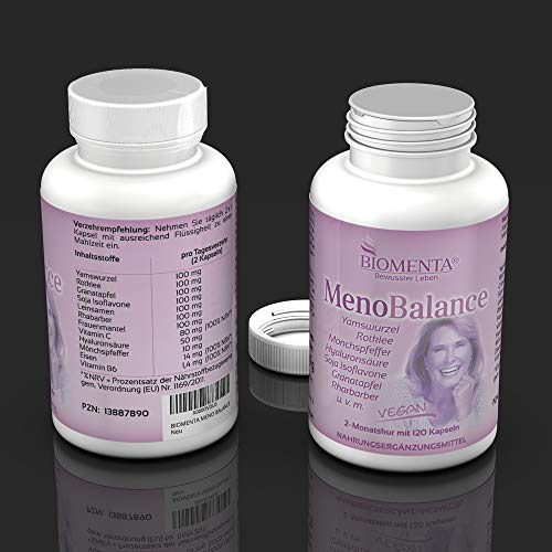 BIOMENTA Meno Balance - raíz de ñame, trébol rojo, manto de dama, pimienta de monje, isoflavonas de soja, ácido hialurónico, ruibarbo, granada, ácido hialurónico, vitaminas - 120 cápsulas veganas