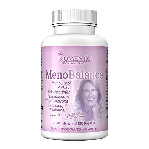 BIOMENTA Meno Balance - raíz de ñame, trébol rojo, manto de dama, pimienta de monje, isoflavonas de soja, ácido hialurónico, ruibarbo, granada, ácido hialurónico, vitaminas - 120 cápsulas veganas