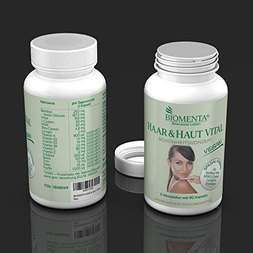 BIOMENTA PELO & PIEL VITALES | receta mejorada!!! | con extracto de bambú (silicio) + extracto de mijo + l-cystein + MSM + Licopeno + Betacaroteno + Biotina + Zinc + Selenio + Vitamina A C E + Vitaminas-B | 90 cápsulas para la piel del cabello | para 3 me