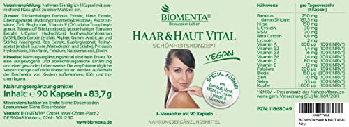 BIOMENTA PELO & PIEL VITALES | receta mejorada!!! | con extracto de bambú (silicio) + extracto de mijo + l-cystein + MSM + Licopeno + Betacaroteno + Biotina + Zinc + Selenio + Vitamina A C E + Vitaminas-B | 90 cápsulas para la piel del cabello | para 3 me