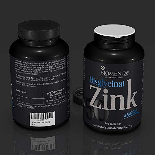 BIOMENTA ZINC 50 mg - 365 VEGAN Zinc Tablets - 25 mg Zinc cada ½ Tablet - Zink Bisglycinat