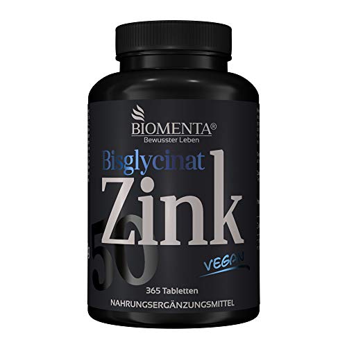 BIOMENTA ZINC 50 mg - 365 VEGAN Zinc Tablets - 25 mg Zinc cada ½ Tablet - Zink Bisglycinat