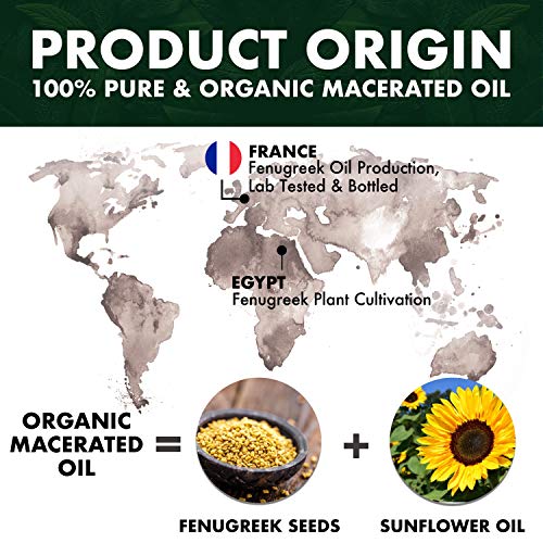 BIONOBLE ACEITE DE FENOGRECO 100% Orgánico | Macerado de Semilla de Fenogreco y Aceite de Semilla de Girasol | Bomba, Pipeta y Botella de Vidrio | Aumento de Pecho, Reafirmante Senos, Cabello (50ml)