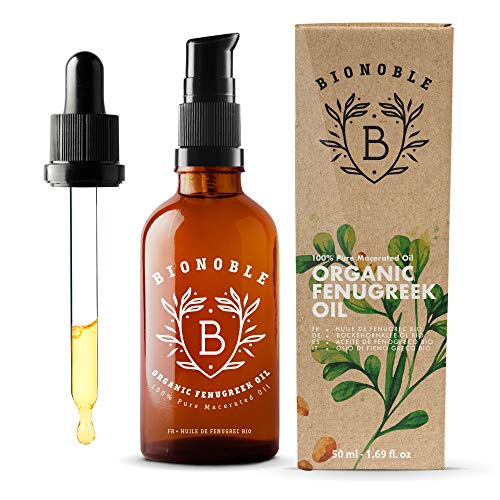 BIONOBLE ACEITE DE FENOGRECO 100% Orgánico | Macerado de Semilla de Fenogreco y Aceite de Semilla de Girasol | Bomba, Pipeta y Botella de Vidrio | Aumento de Pecho, Reafirmante Senos, Cabello (50ml)