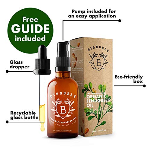 BIONOBLE ACEITE DE FENOGRECO 100% Orgánico | Macerado de Semilla de Fenogreco y Aceite de Semilla de Girasol | Bomba, Pipeta y Botella de Vidrio | Aumento de Pecho, Reafirmante Senos, Cabello (50ml)