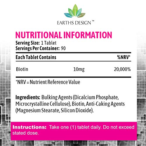 Biotina 10000mcg Doble Concentración - Vitamina B7 - Para Cabello y Piel - Para Hombres y Mujeres - Apto Vegetarianos - 90 Pastillas de Earths Design