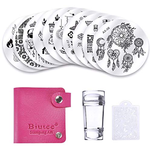 Biutee Set de Stamping Nail Art 10 Pcs Plantilla para Uñas +1pcs Estampador+1pcs Raspador+1 Pcs Bolso Para Placa