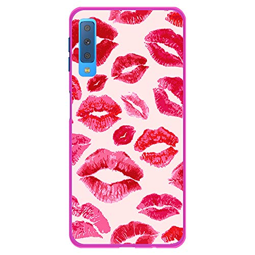 BJJ SHOP Funda Rosa para [ Samsung Galaxy A7 2018 ], Carcasa de Silicona Flexible TPU, diseño: Sellos de pintalabios