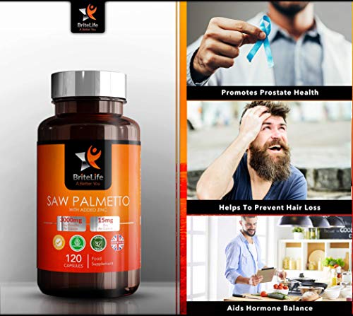 BL Saw Palmetto con Zinc 3000mg por Capsula | 120 Capsulas Veganas de Alta Potencia | Saw Palmetto Pelo y la Salud Masculina — Sin OGM, Lacteos o Alergenos