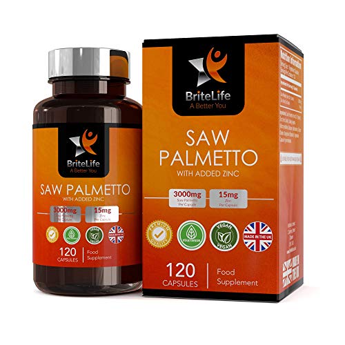 BL Saw Palmetto con Zinc 3000mg por Capsula | 120 Capsulas Veganas de Alta Potencia | Saw Palmetto Pelo y la Salud Masculina — Sin OGM, Lacteos o Alergenos