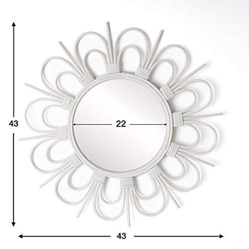 Black Velvet Studio Espejo de Pared Decorativo Redondo Flor, ratán Natural, Estilo étnico & Boho Chic, nórdico, Bonito y Moderno, Ligero, para Pasillo baño o Entrada, ratán, Color Blanco, 43x43x2 cm.