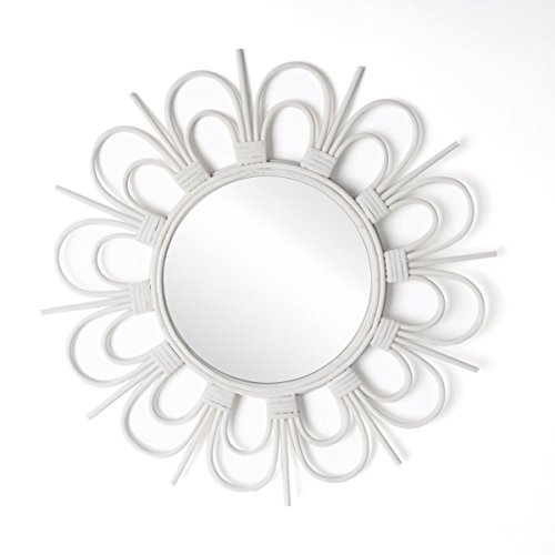 Black Velvet Studio Espejo de Pared Decorativo Redondo Flor, ratán Natural, Estilo étnico & Boho Chic, nórdico, Bonito y Moderno, Ligero, para Pasillo baño o Entrada, ratán, Color Blanco, 43x43x2 cm.